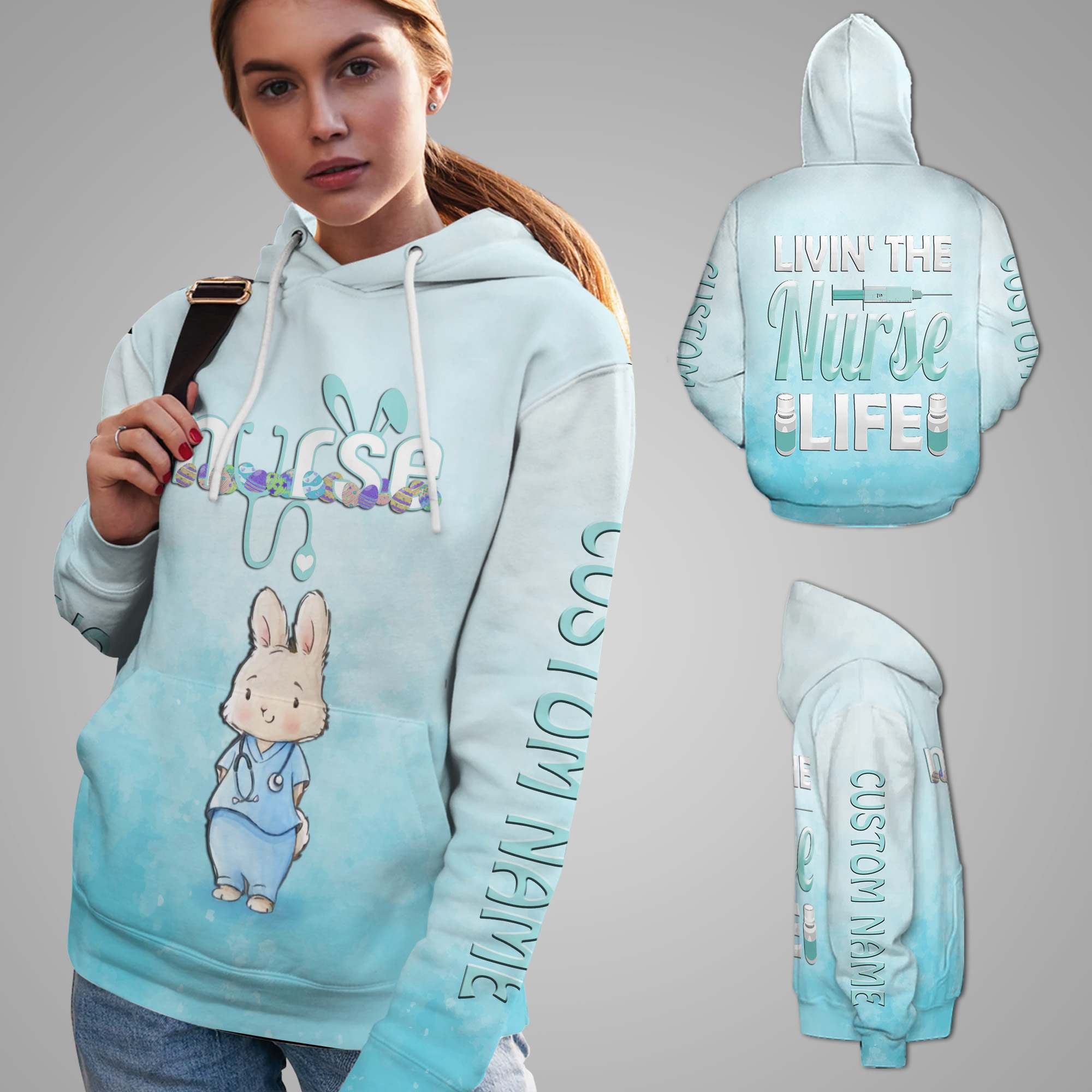 Livin’ The Nurse Life Nursing Rabbit Custom Name 3D Hoodie Shirt For Nurses On Easter Day