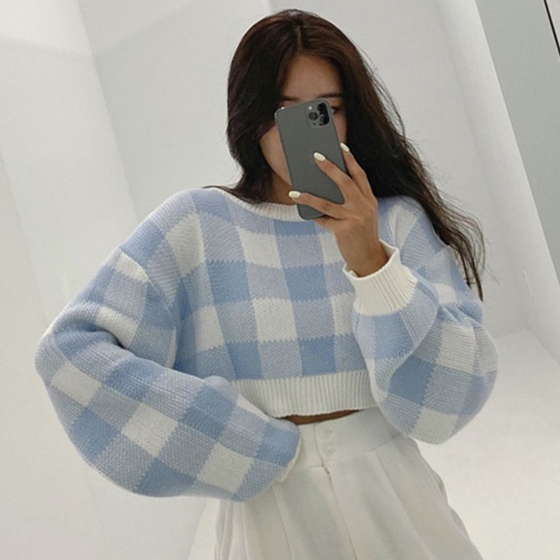 Women’s Clothing Vintage Blue Plaid Knitting Sweater Round Neck Long Sleeves Casual Korean Fashion Baggy Ladies Tops Autumn alx