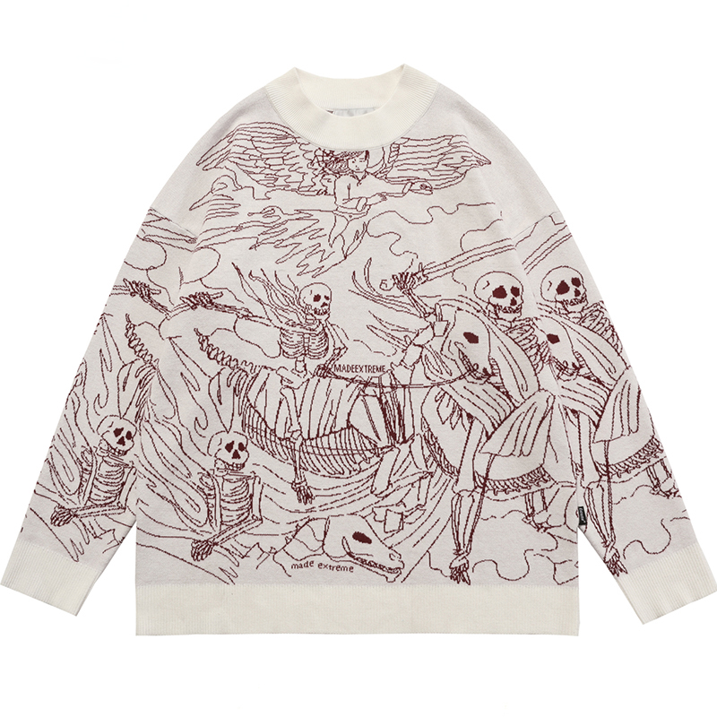 Vintage Knitted Sweater Harajuku Ukiyo-e Style Skull Graffiti Pullover 2021 Autumn Streetwear Sweater Men Women Cotton Knitwear alx