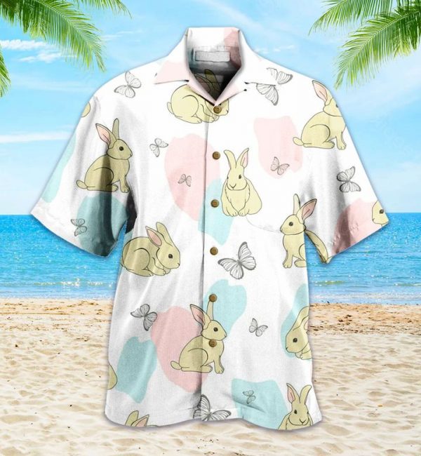 Bunny Butterfly Cute White Hawaiian Shirt 3D