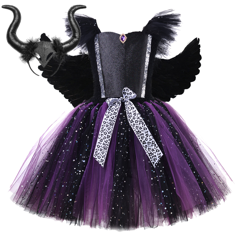 Sparkly Witch Halloween Costume for Girls Evil Angel Tutu Dress with Horns Wings Kids Carnival Party Cosplay Outfit for Children alx