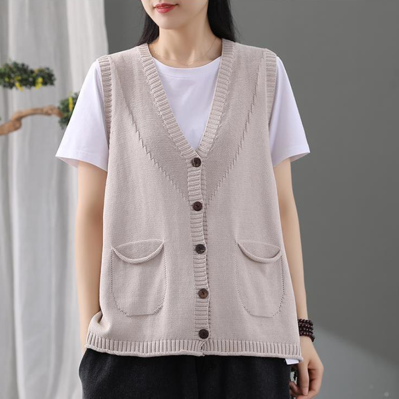 Sweater Vest Women Spring Autumn Vintage V-neck Knit Pocket Single Breasted Sleeveless Loose Korean Style All-match Ins Hot Sale alx