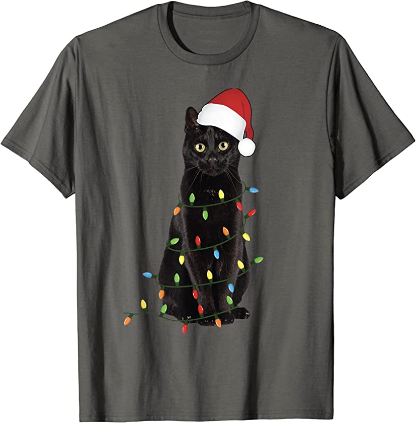 Christmas Cat Santa Hat Cute Black Kitten Holiday Lights T-Shirt