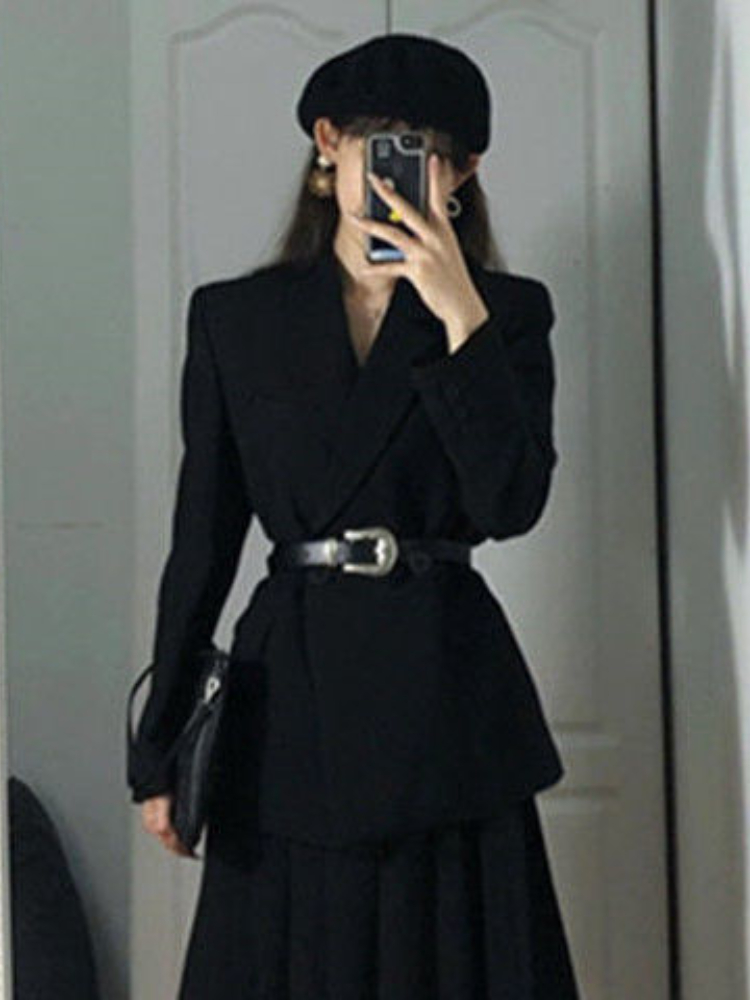 Xgoth 2022 Autumn Elegant Suit Long-sleeved Straight Shoulder Blazer Jacket + High Waist Long Skirt Office Lady Two-piece Sets alx