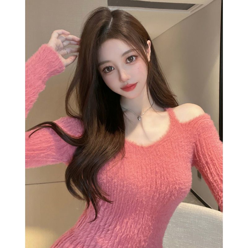 CUPNICE Pink Knitted Corset Skims Dress Sexy Off The Shoulder Long Sleeve O-neck Slip Dress Autumn Winter Vestido for Women 2022 alx