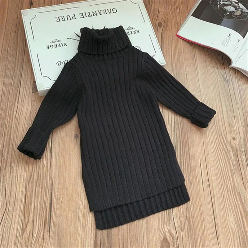 Toddler Girl Spring Dress 2021 Winter Sweater Clothes Solid Color Baby Girls Turtleneck Clothes 2-7Y Little Knitting alx