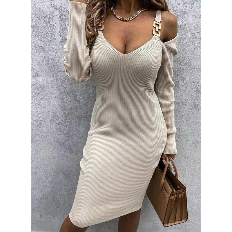 2022 Autumn Winter Women’s Casual Solid Color Long-sleeved Knitted Bodycon Dress V Neck Off Shoulder Sexy&Club Elegant New Dress alx