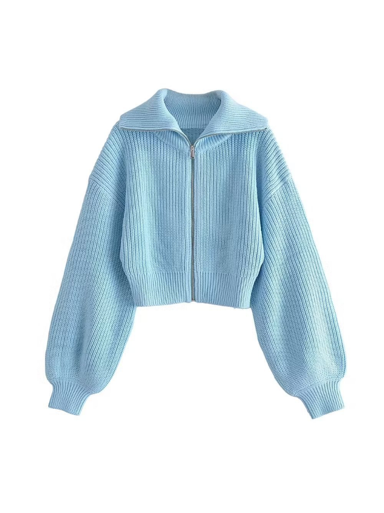 Bmissingyou Sky Blue Zipper Women Sweater Cardigan Lapel Puffy Long Sleeve Short Female Autumn Knitting Sweaters Tops alx