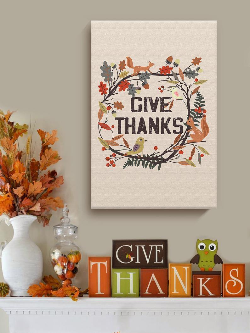 Thanksgiving Canvas Office Wall Art Give Thanks Animal Home Decor Prints