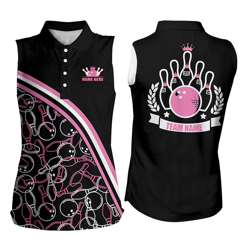 Personalized Bowling Sleeveless Polo Shirt Custom Name Black Pink Bowling Pattern