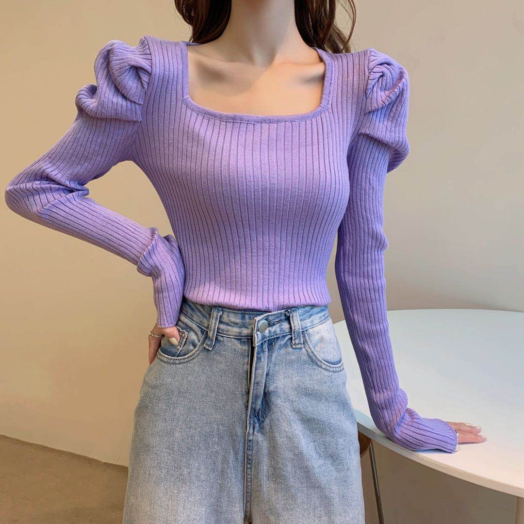 Vintage Puff Long Sleeve Square Collar Knitted Sweater Pullovers Girls Solid Stretchy Streetwear Tops Knitwear For Women alx