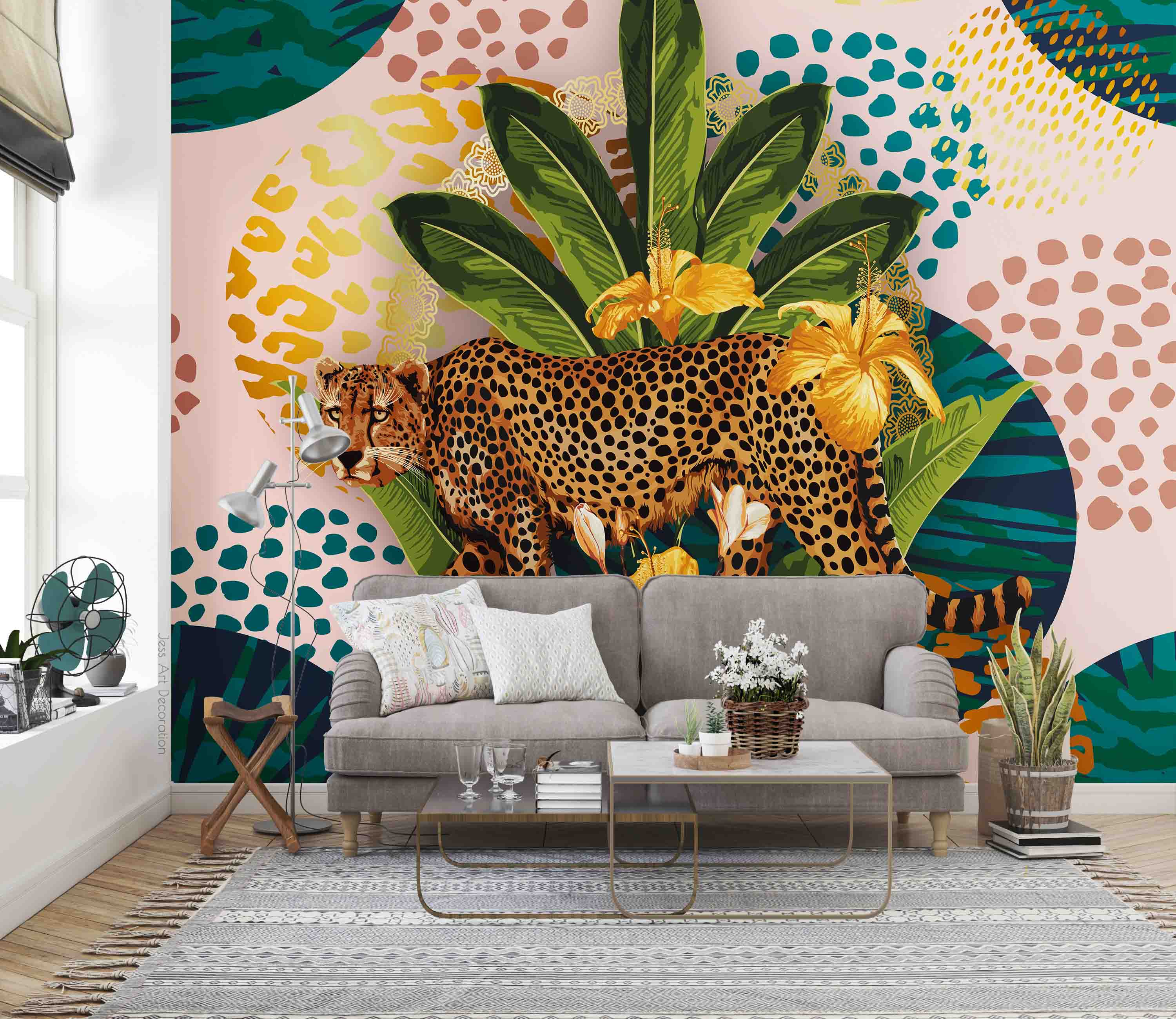 3D Leopard Tropical Plant Leaf Golden Flower Wall Mural Wallpaper Gd 2872