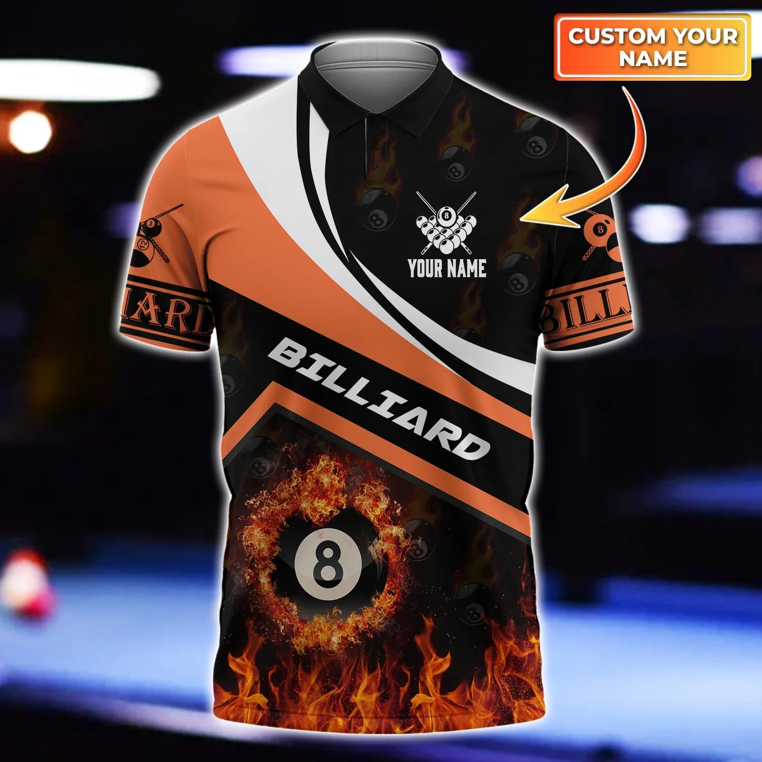 Ball In Fire Billiard Polo Shirt, Custom Name 3D All Over Print Sport Style Billiard For Player