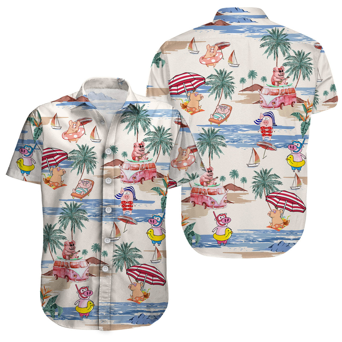 Pig Summer Holiday Beach Coconut Tree Shirt, Button Down Short Sleeve Men Women Casual Shirt, Tropical Hawaiian Shirt