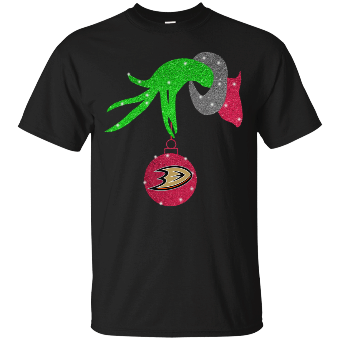 Check out this awesome Grinch hand holding Anaheim Ducks Glitter Christmas shirt Cotton Shirt