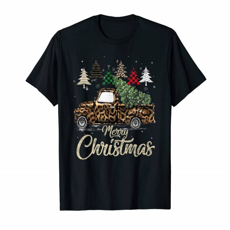 Buffalo Plaid Christmas Tree Red Truck With Leopard Print T-shirt