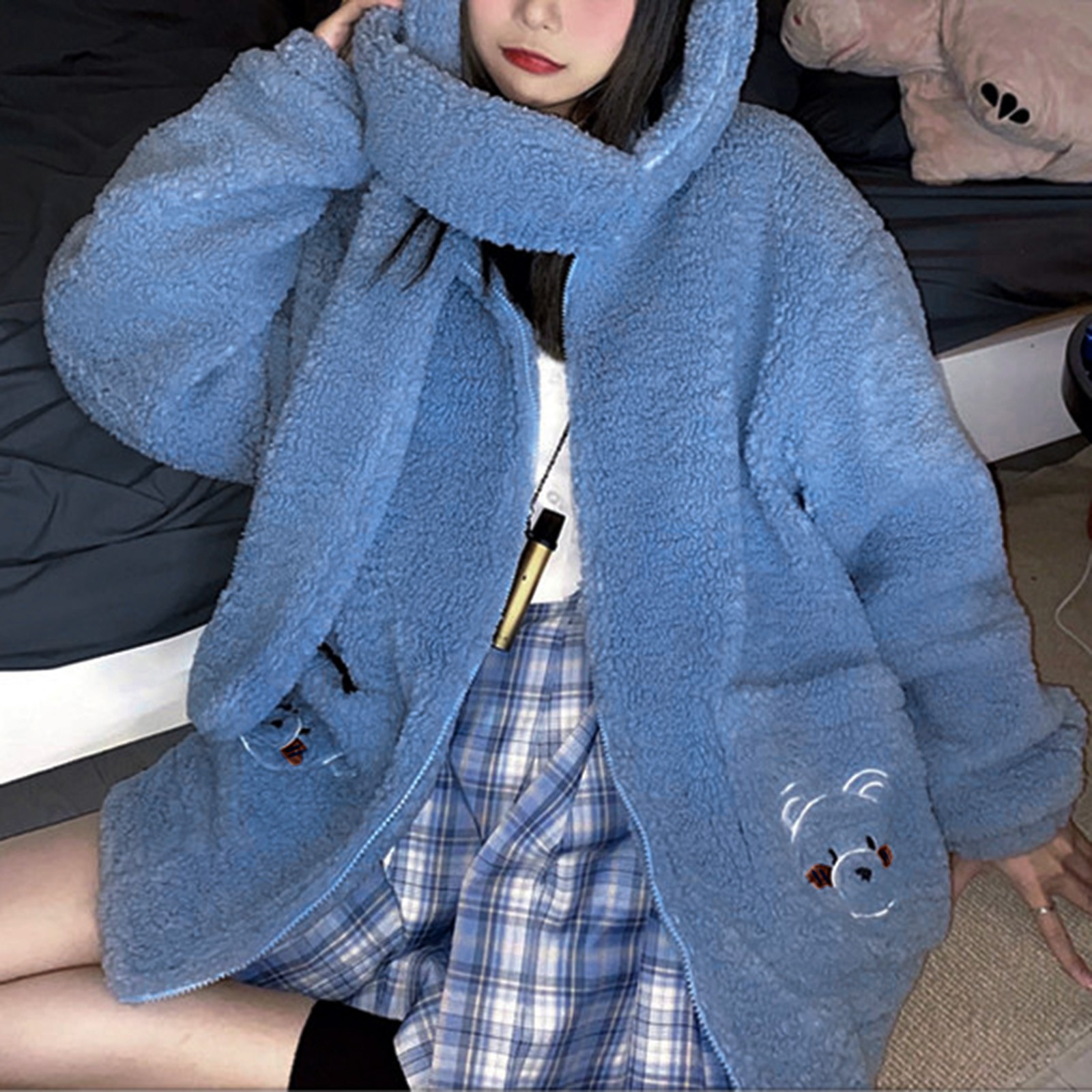 Bunny Ear Hoodie Women Kawaii Casual Thickened Winter Sweatshirt Loose Fluffy Bear Long Sleeves Cute Zip Up Hoodie Jacket Girl alx