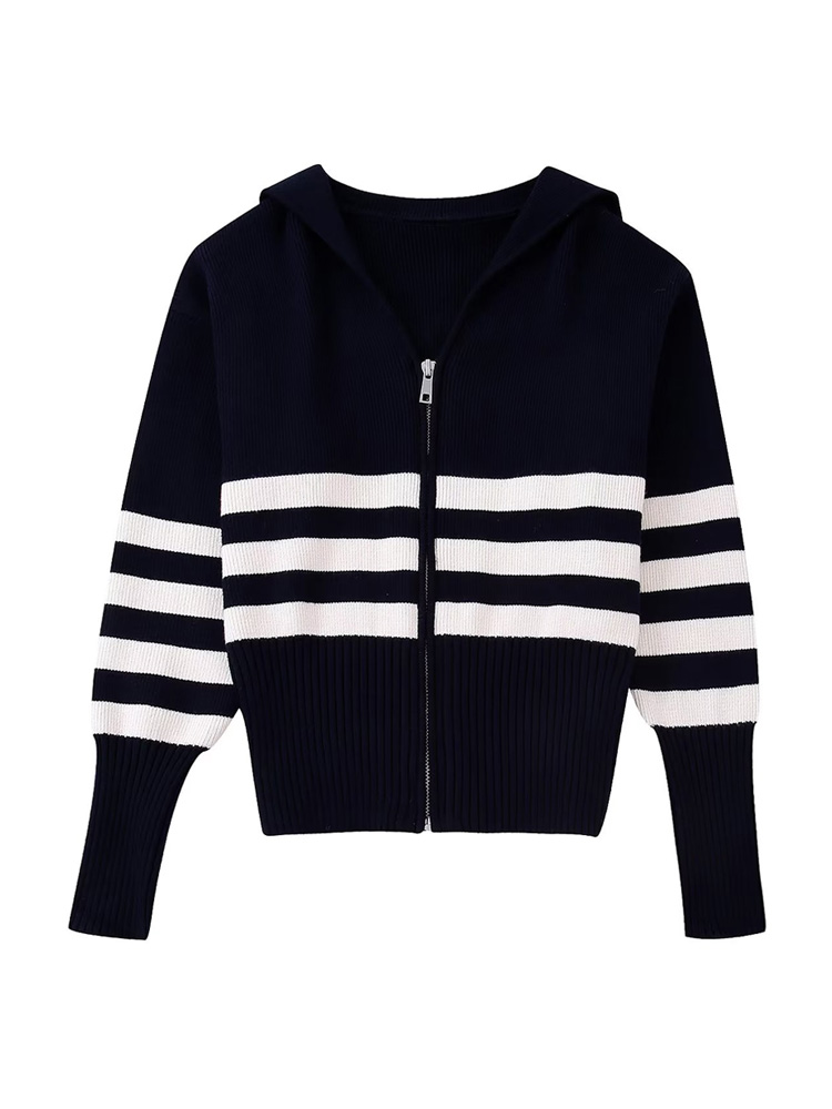 TRAF Women Fashion Front Zipper Striped Knit Cardigan Sweater Vintage Lapel Collar Long Sleeve Female Outerwear Chic Tops alx