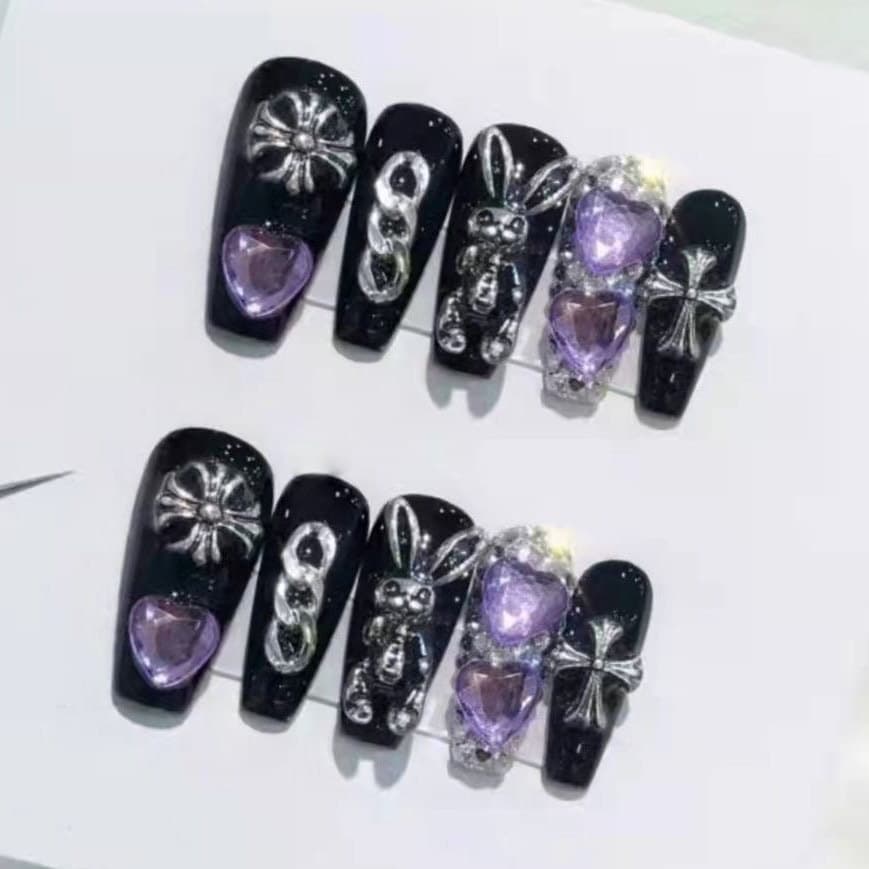 Black and Purple Bunny Press On Nails/ Gothic Bunny Nails/ Chrome Cross Fake Nails/Coffin Gothic Party Festive Hand Painted Nails #72