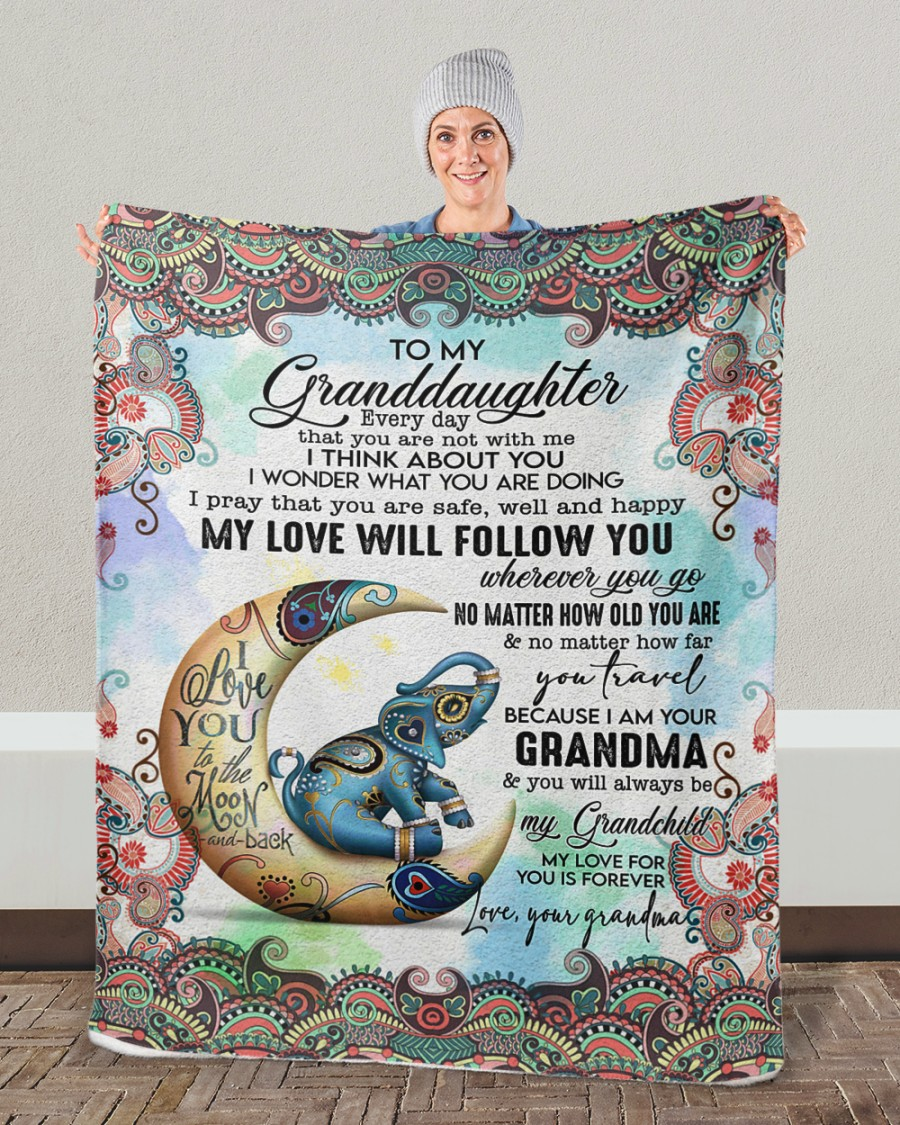 To My Granddaughter, Cute Elephant With Mandala Pattern Quilt Blanket | I Love You To The Moon And Back Quilt Blanket