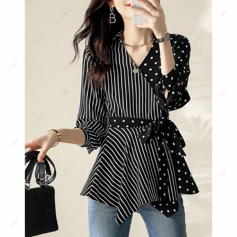 Stylish Printed Striped Polka Dot Spliced Oversized Bandage Bow Shirt Loose Casual Pullovers Commute Fashion Woman Blouses 2022 alx