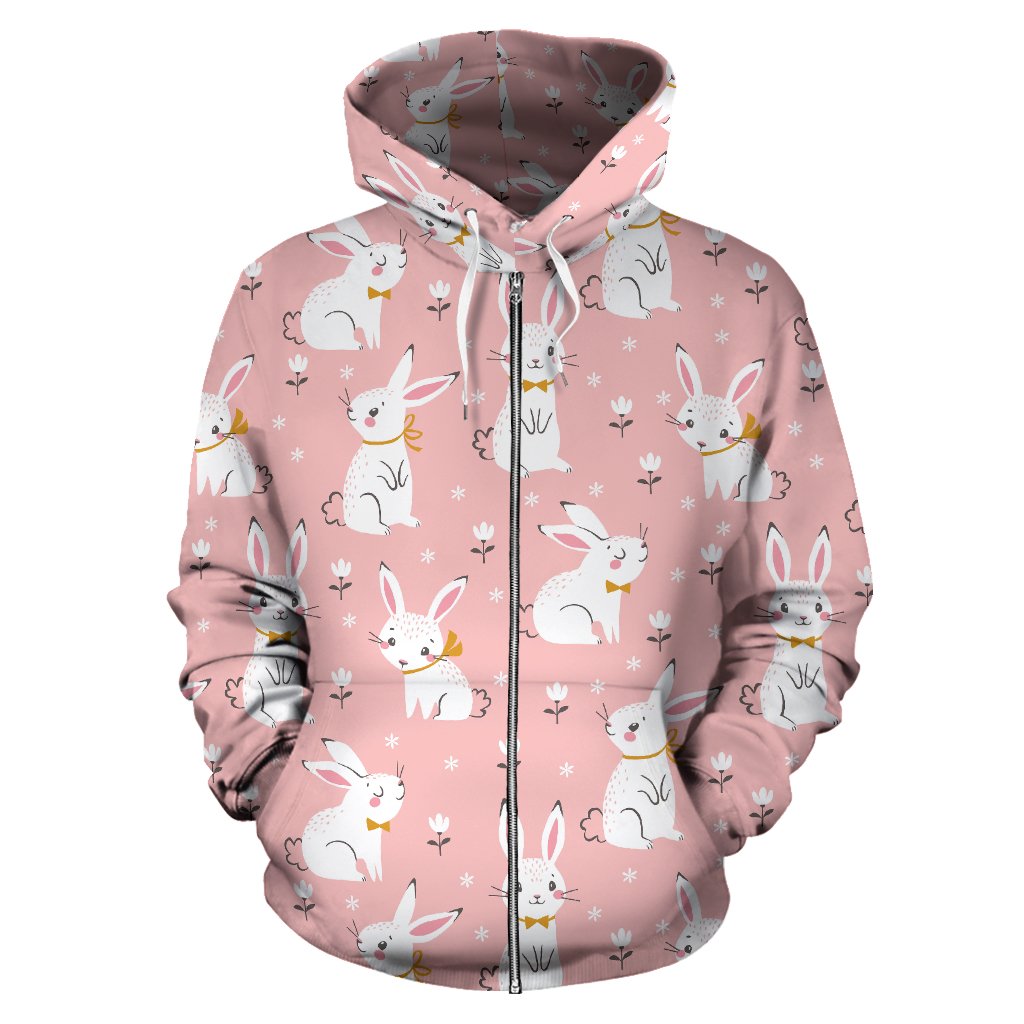 Cute White Rabbit Flower Pink Background Zip Up Hoodie