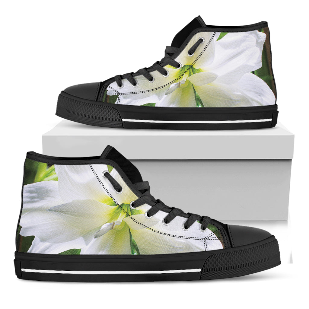 White Amaryllis Print Black High Top Shoes