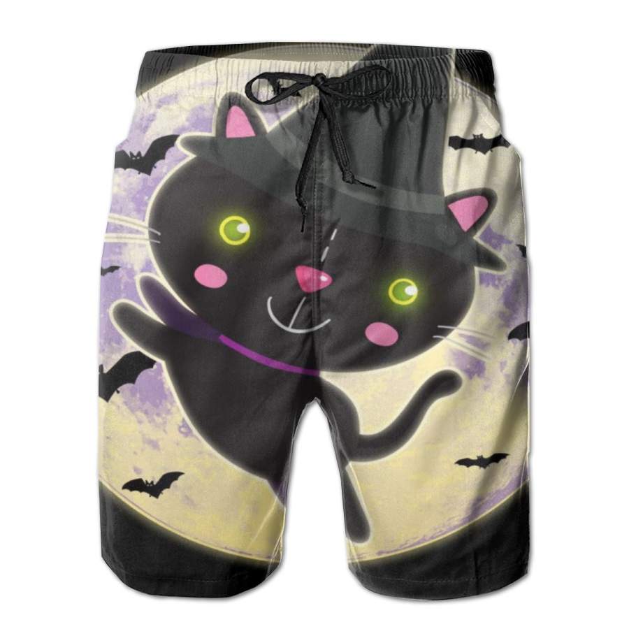 2 Pack Cute Halloween Cat Moon Poster Men Swim Trunks Drawstring Elastic Waist Quick Dry Beach Shorts with Mesh Lining Swimwear Bathing Suits