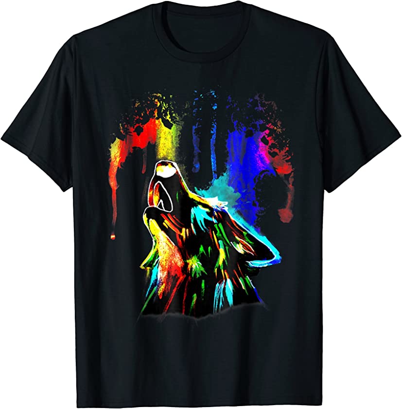 Rainbow Color Neon Light Sky Howling Wolf Drawing Cute Shirt