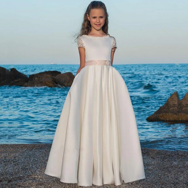 White Satin A-Line Floor-Length Short sleeve Girls Pageant Dresses First Communion Dresses For Girls Flower Girl Dresses alx