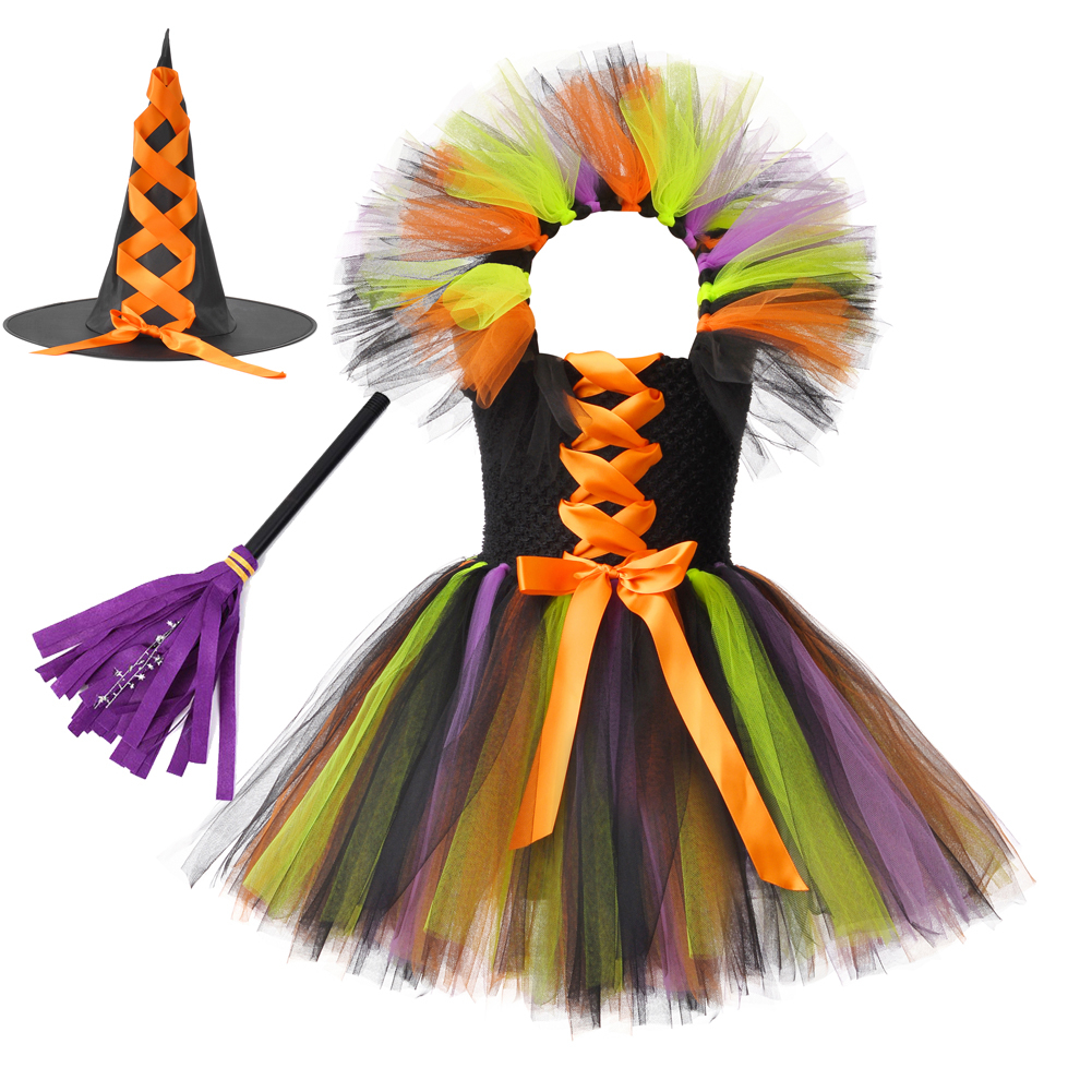 Witch Halloween Costume for Girls Kids Tutu Dress Hat Broom Children Cosplay Dress Clothing for Carnival Party Christmas 1-14Y alx