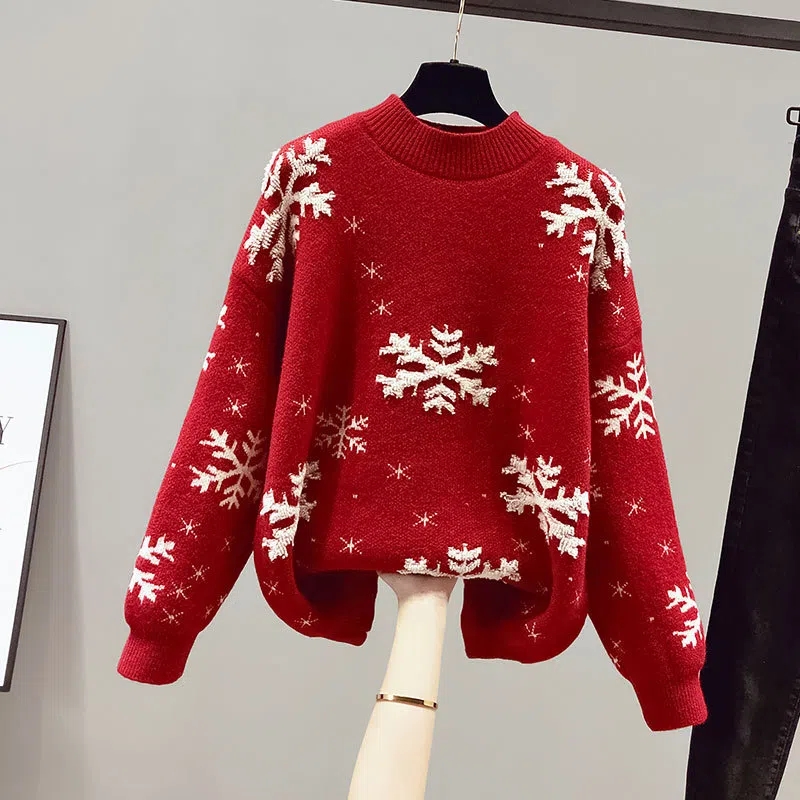 Women Christmas Sweaters Red Black Long Sleeve Jumpers Female Casual Mock Neck Pullovers Snowflake Pattern New Year Sweaters alx