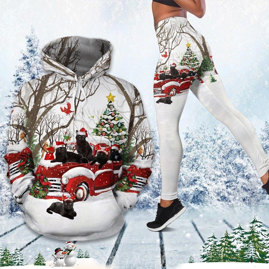 Cat Christmas Red Car 3D Hoodie Legging Set Combo