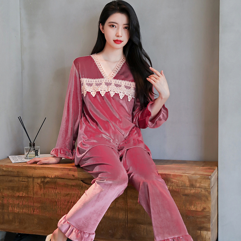 Women’s Gold Velvet Pajamas Sexy Lace Home Wear Sweet Ruffles Top&pants 2Pcs Pjs Plush Sleep Suit Winter Pyjamas Sleepwear alx