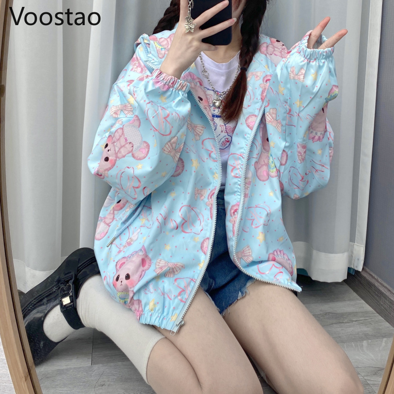 Spring Autumn Japanese Sweet Lolita Thin Jackets Women Loose Cute Cartoon Baby Bear Print Zipper Hooded JK Coats Girl Sweatshirt alx