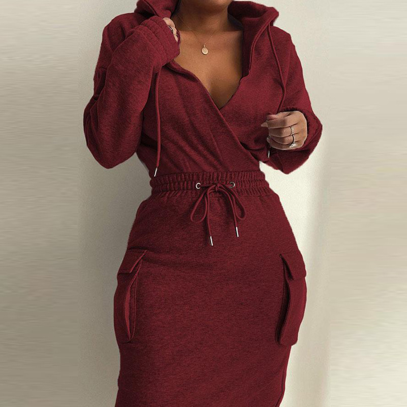 Spring Autumn V-neck Hooded Sweatshirt And Drawstring Waist Skirt Suits Women Casual Long Sleeve Mid-length Skirt Two Piece Sets alx