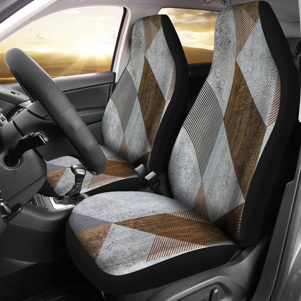 Brown Tan Diagonal Abstract Grey Car Seat Covers Pair, 2 Front Car Seat Covers, Seat Cover For Car, Car Seat Protector, Car Accessory
