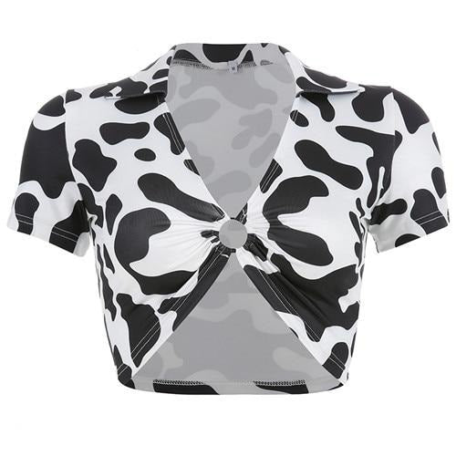 Animal Print Kawaii Cropped Feminino Tshirt Women Korean Style V-Neck Cow T-Shirts Short Sleeve Hollow Sexy Summer Tops