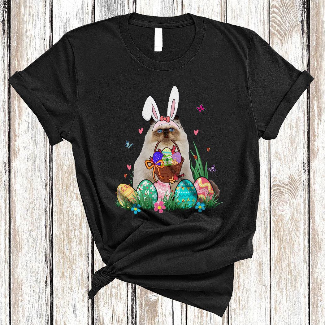 Bunny Himalayan Cat With Easter Egg Basket Funny Easter Day Flower Egg Hunt Cat Lover Gifts T-Shirt