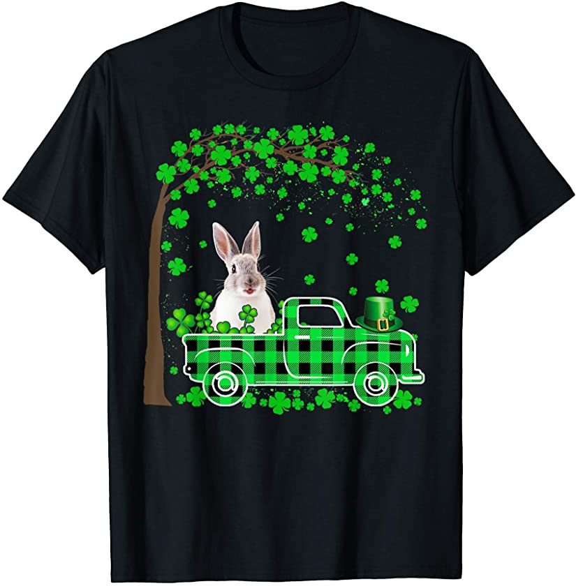 Cute Bunny Riding Green Plaid Truck Happy St Patrick’s Day T-Shirt