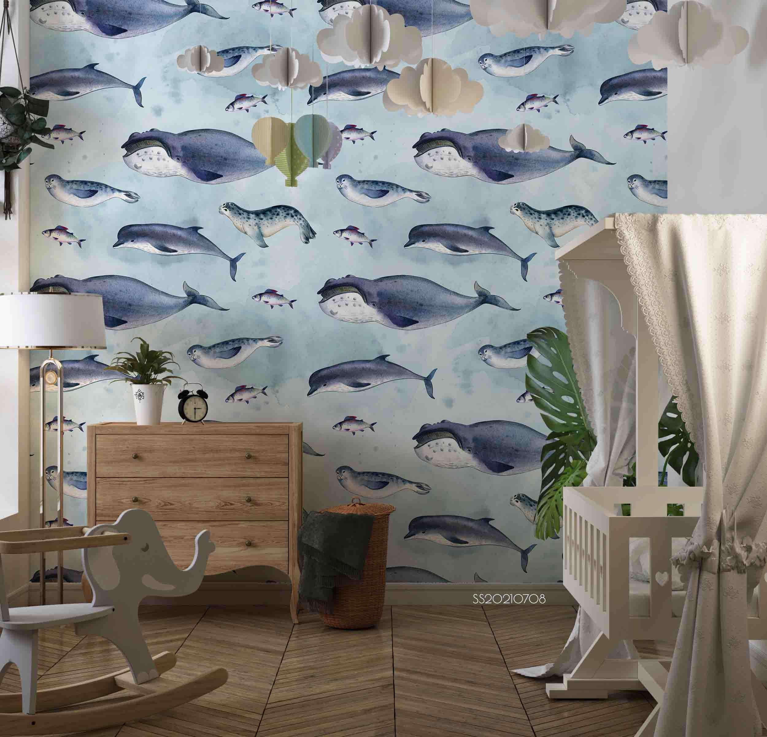 3D Hand Drawn Animal Seal Dolphin Wall Mural Wallpaper Lqh 86