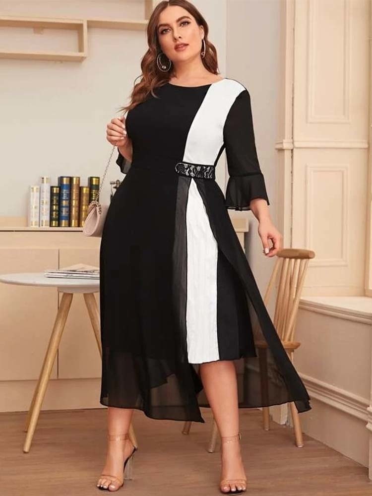 2022 Elegant Dresses for Chubby Women Autumn and Winter Asymmetrical Chiffon Contrast Waist Plus Size Dress Women’s Clothing alx