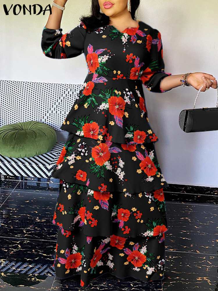 Women Long Sleeve Floral Printed Kaftan Dress 2022 VONDA Sexy Ruffled Hem Loose Maxi Dresses Casual Vestidos Feminina Robe Femme alx