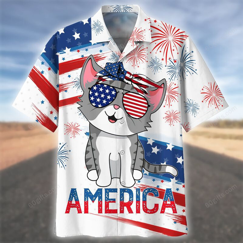 3D Hawaiian Shirt, Hoodie, Zip Hoodie, Hoodie Dress, Sweatshirt Cute Cat Independence Day Usa All Over Print