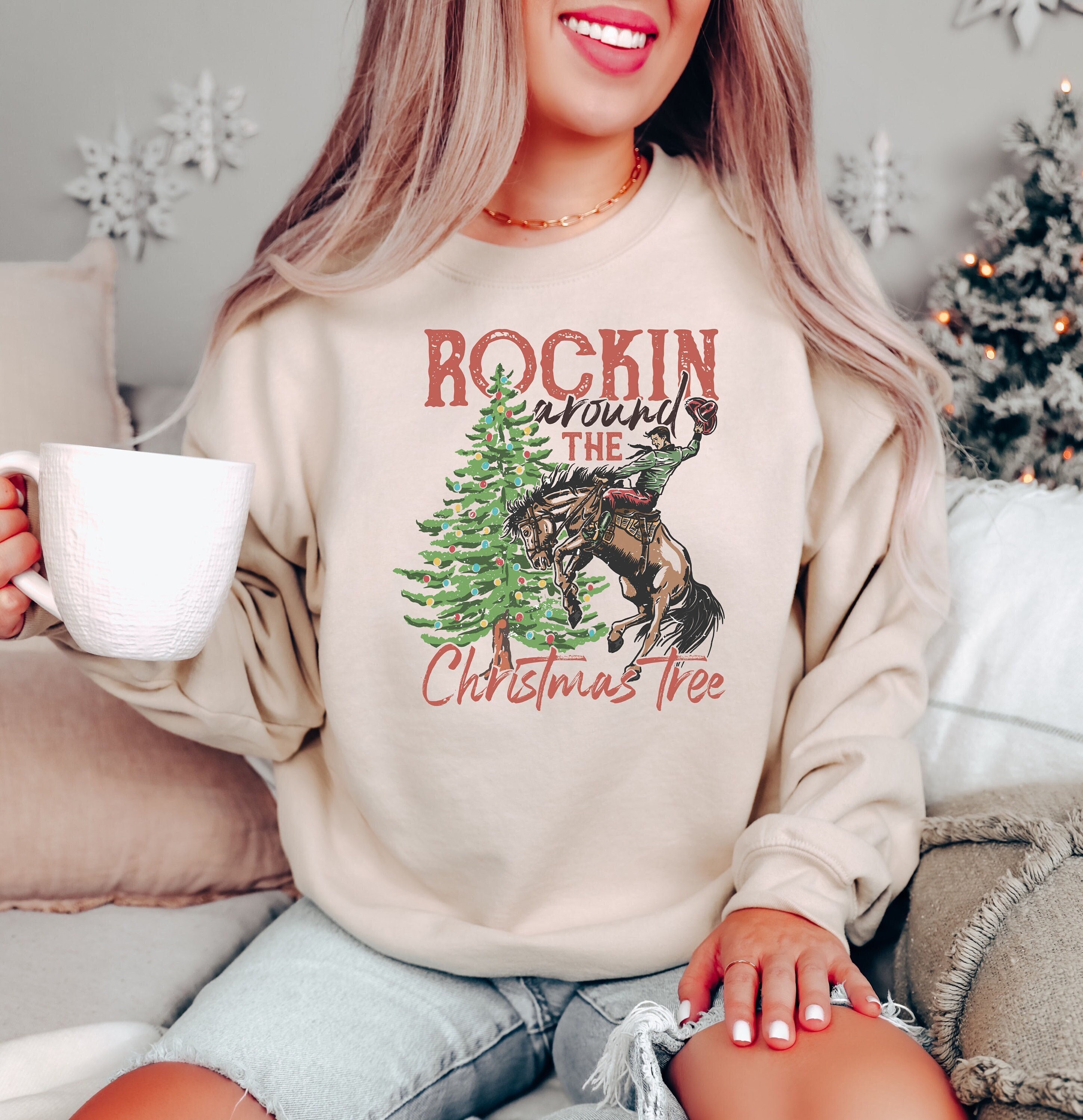 Rockin Around the Christmas Tree Sweatshirt, Western Christmas Sweatshirt, Retro Christmas Shirt,Christmas Cowboy Sweatshirt,Christmas Gifts