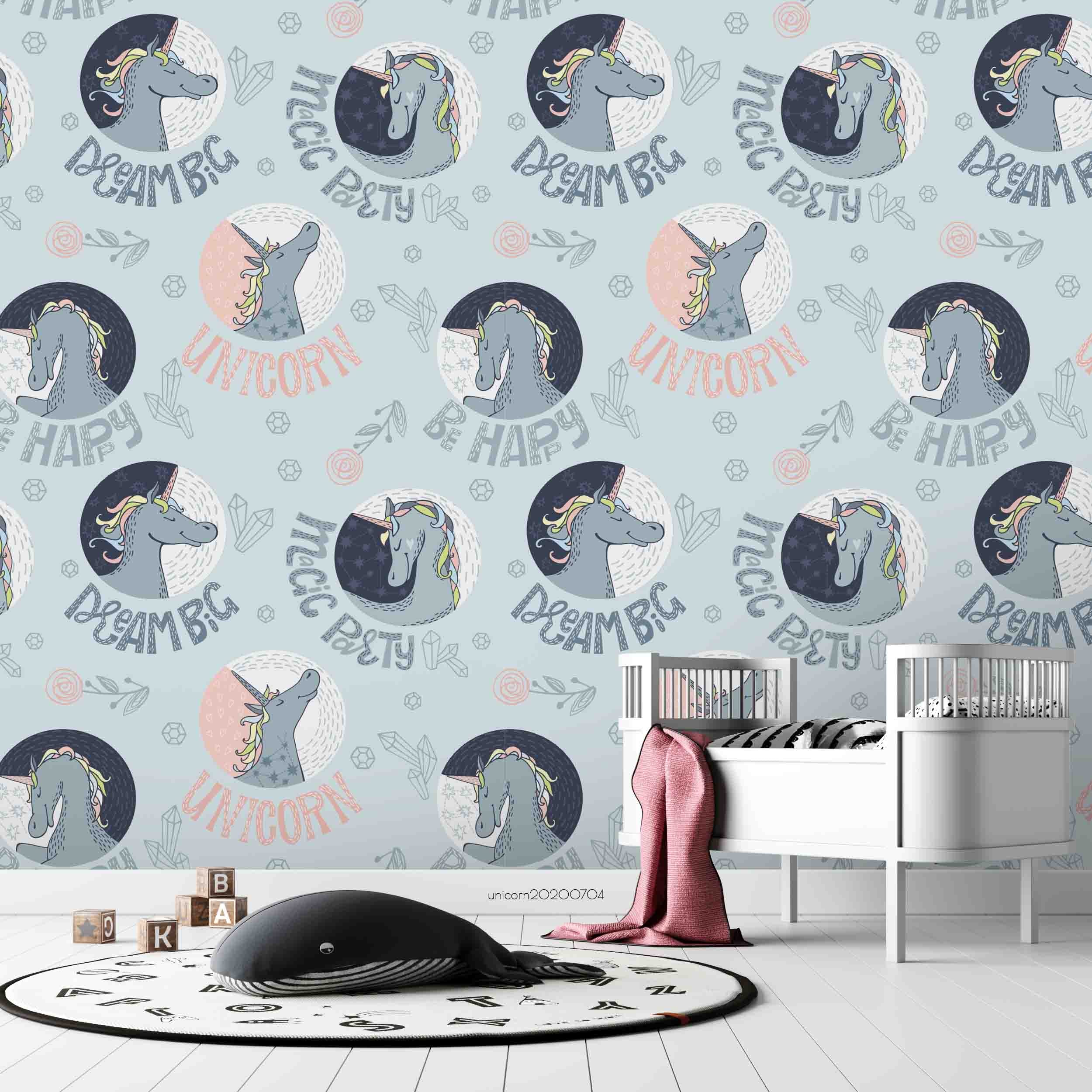 3D Cartoon Blue Smiley Unicorn Wall Mural Wallpaper Lxl 267