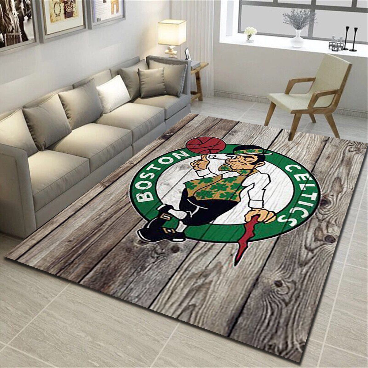 Boston Celtics Logo Area Rug, Basketball Team Living Room Bedroom Carpet, Fan Cave Floor Mat