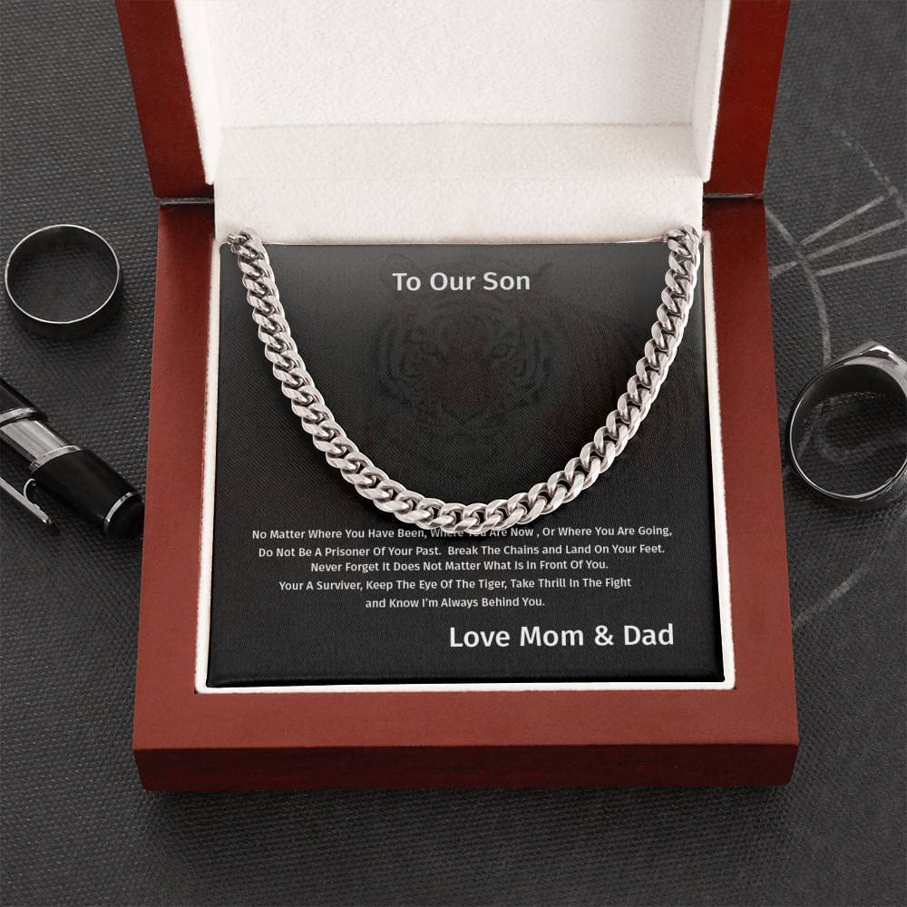 To My Son – Gift From Mom & Dad Gift – Cuban Link Chain Necklace With Message Card Gift For Husband Or Boyfriend Gift For Christmas, White Gold Finish