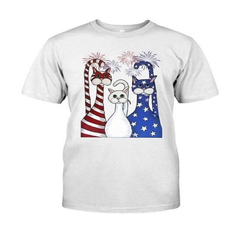 Three Cat With Body Is American Flag Pattern Best Gift For Who Love Animal And Us Ash Men And Women T Shirt S-5Xl