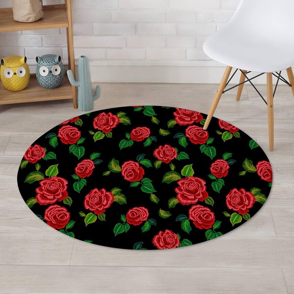 Embroidery Red Rose Floral Print Round Rug